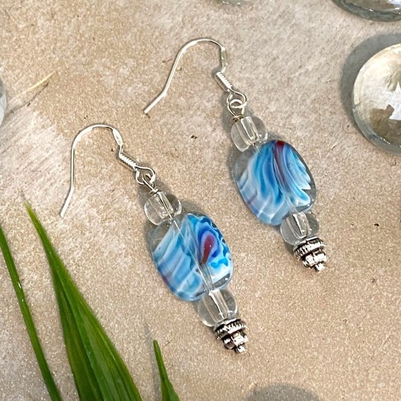 The Baubled Blonde Jewelry - NEW Blue and Red Swirled Art Glass Bead Silver Earrings